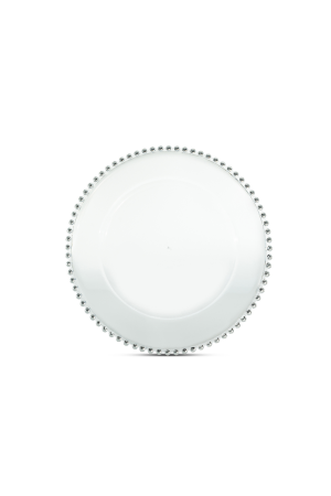 Transparente Platzteller mit Perlenrand Silber (71-A) – 32cm – Dekorationsteller für Hochzeiten und Events