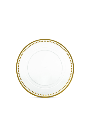Transparente Platzteller mit Perlenrand & Streifen Gold (80) – 32cm – Dekorationsteller für Hochzeiten und Events