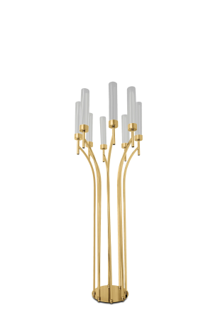 Blumenständer Gold Metall mit Kerzenabdeckungen aus Glas 125cm (96-A) – 8 Köpfe – Für Hochzeiten und Events